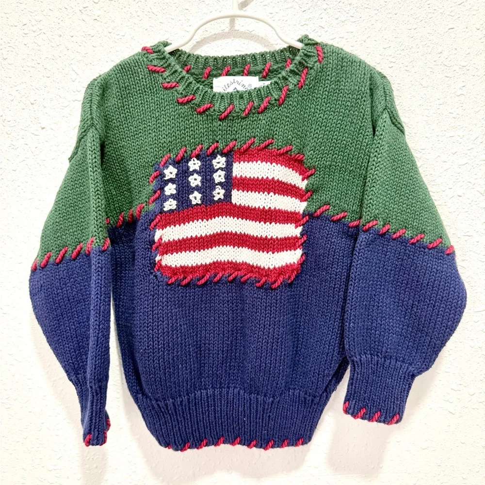 Kids ramie & cotton vintage‎ Color block Flag Knit Sweater - Green & Navy 4T